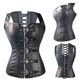 NWOT Black Faux Leather Corset Bustier Steampunk Goth Halloween Cosplay M L